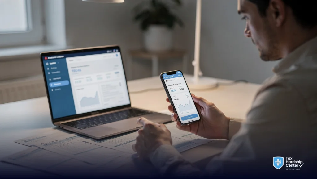 Taxpayer reviewing IRS account details and payment plan options after receiving CP523 notice to reinstate or revise a defaulted installment agreement.