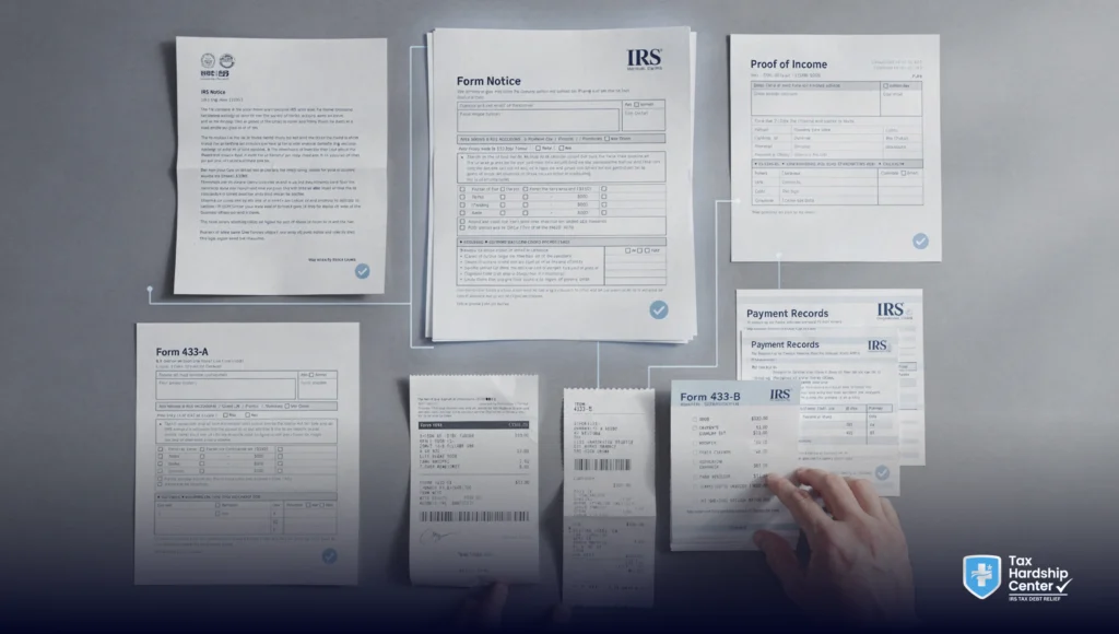 Taxpayer preparing IRS Form 12153 with levy notice, payment proof, and financial documents needed for a Collection Due Process hearing request.