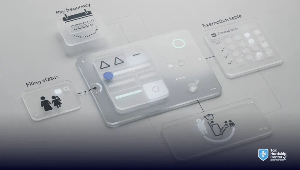 Taxpayer reviewing pay frequency, filing status, dependents, and IRS exemption table details to estimate how much of a paycheck can be levied.