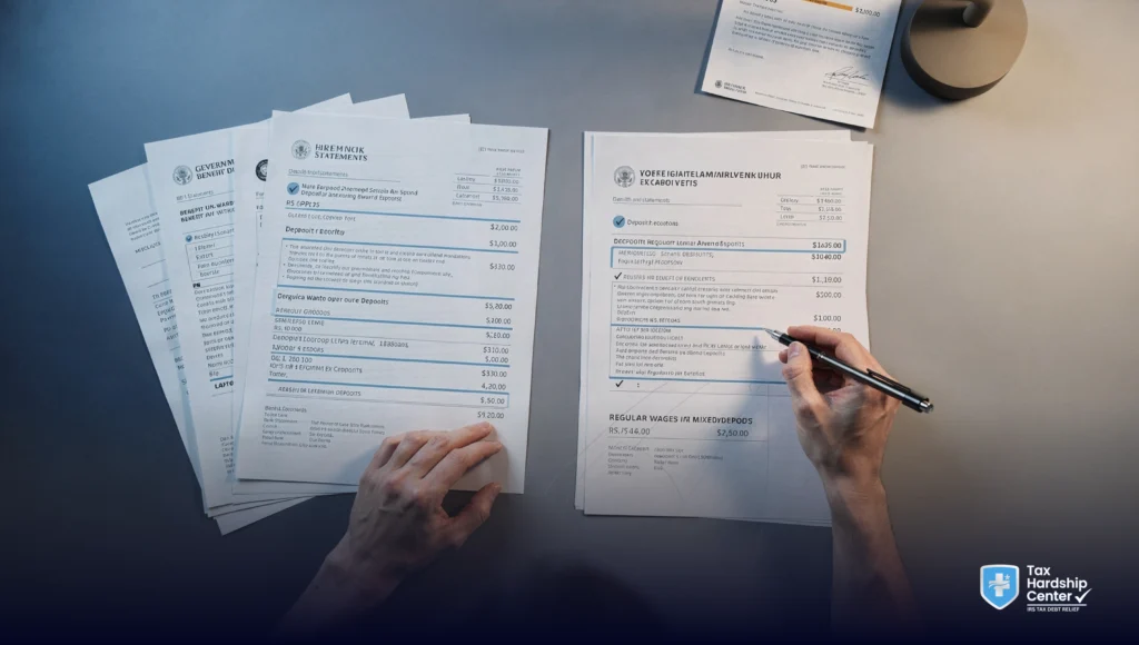 Taxpayer reviewing bank statements, benefit letters, and deposit records to prove what funds are protected from an IRS bank levy.