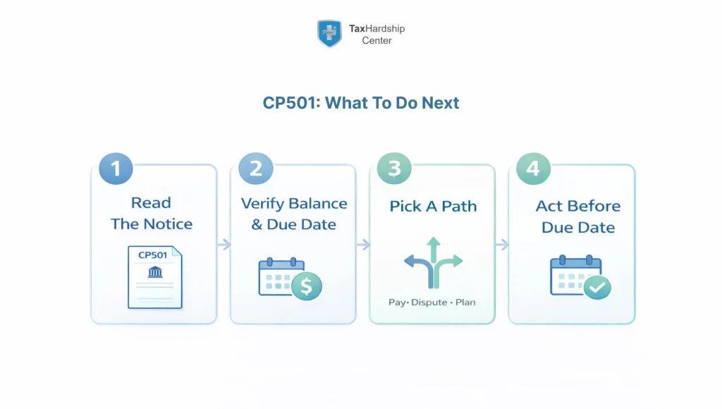 Minimal infographic showing a four-step process for responding to a CP501 IRS notice: read the notice, verify the balance and due date, choose between paying, disputing, or setting a payment plan, and act before the deadline to avoid escalation
