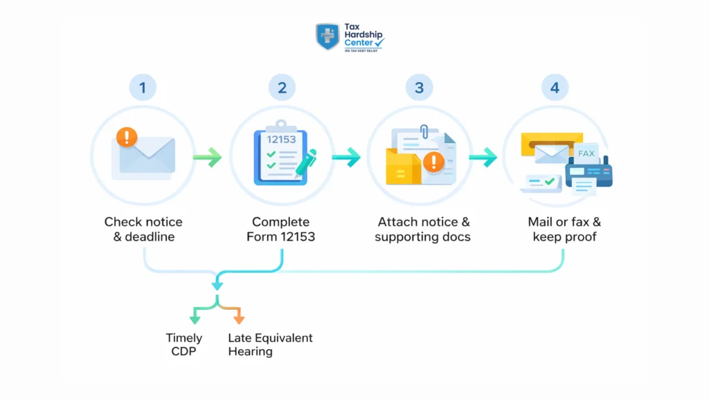 Infographic explaining how to file IRS Form 12153 by checking the deadline, completing the form, attaching documents, and sending it to the correct hearing address.
