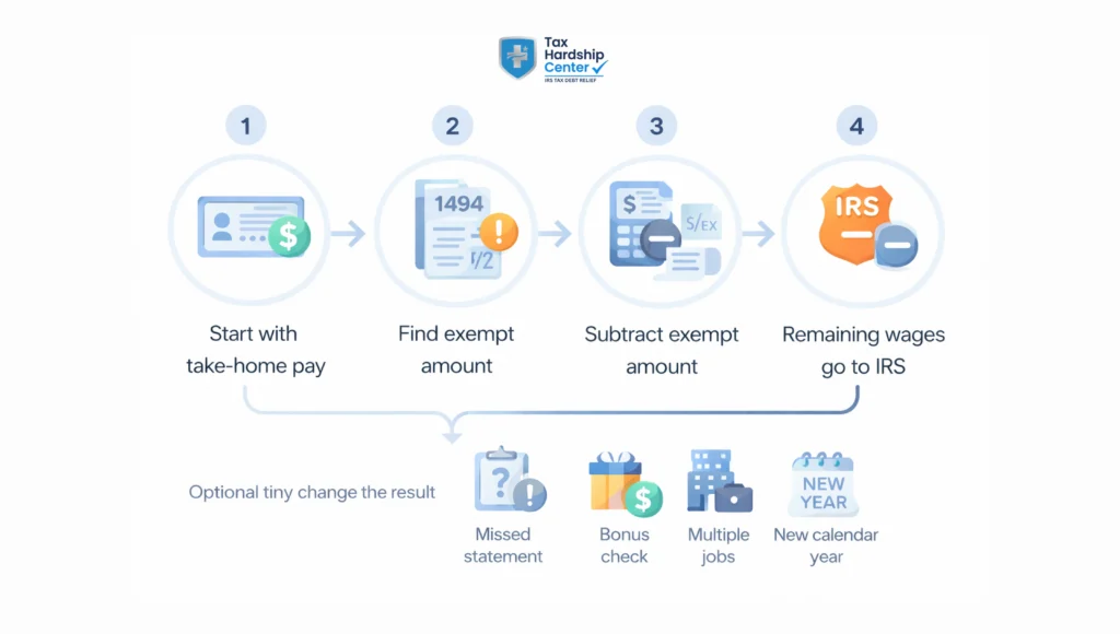 Infographic explaining how the IRS calculates a wage levy by subtracting the exempt amount from take-home pay using Publication 1494 rules.