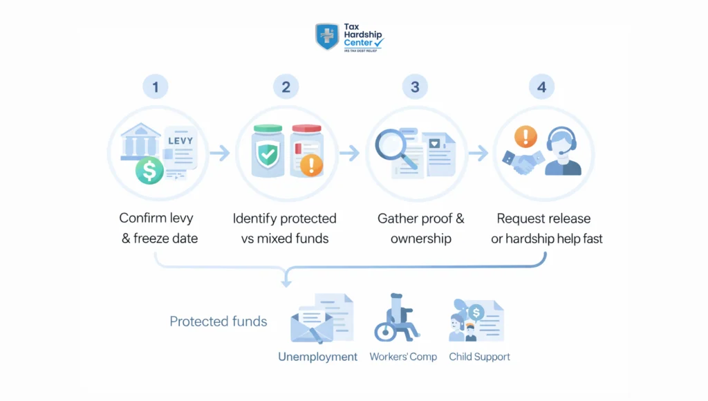 Infographic explaining what funds are protected from an IRS bank levy and what to do during the 21-day hold to prove exempt money and request a release.