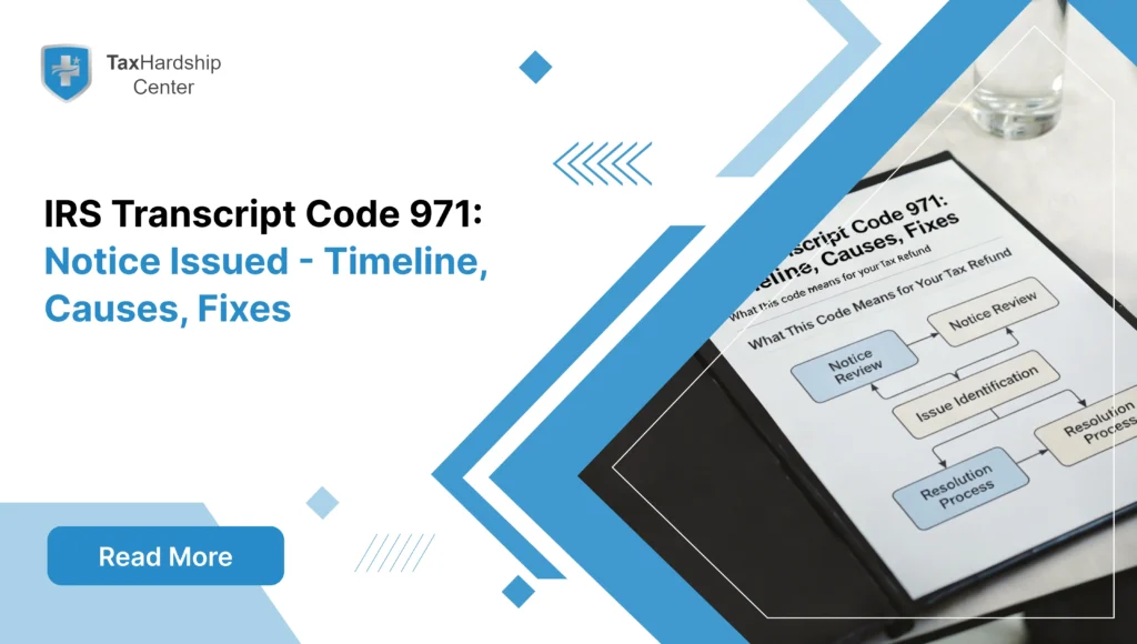IRS transcript showing code 971 notice issued next to an IRS letter, illustrating why a tax refund or return may need review or follow-up.