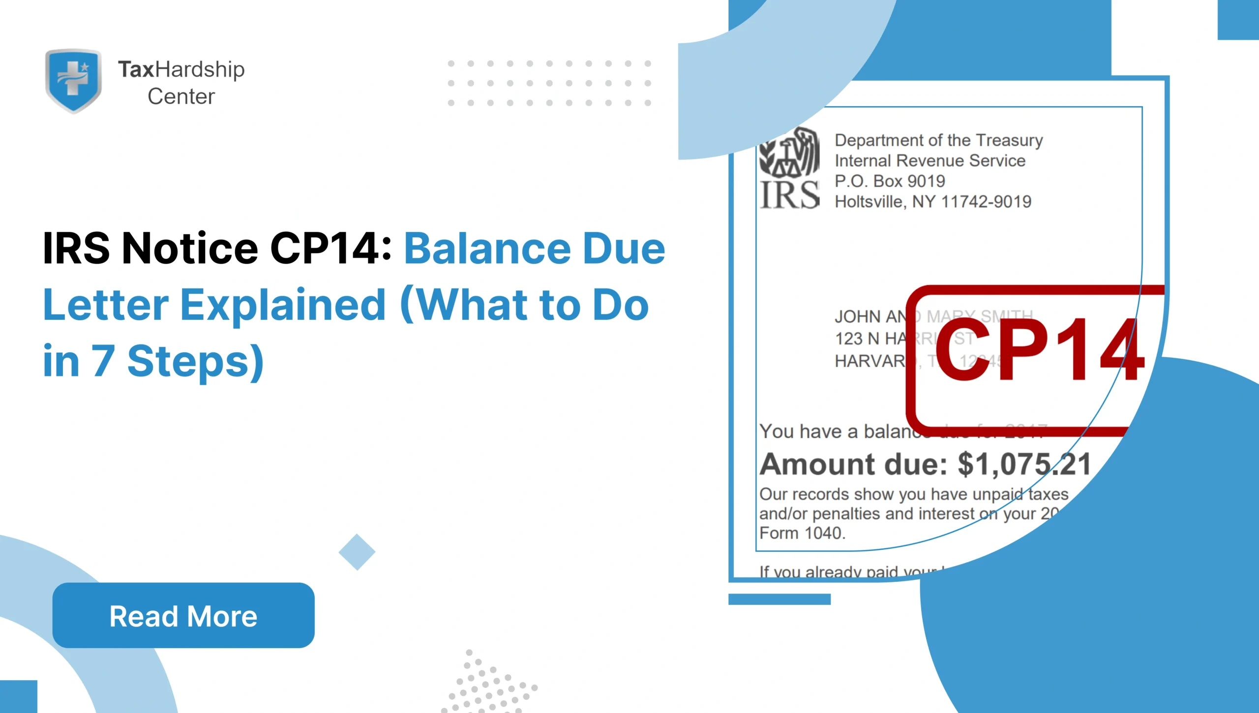 IRS CP14 balance due notice showing a taxpayer’s unpaid tax balance and the need to review the letter and take action.