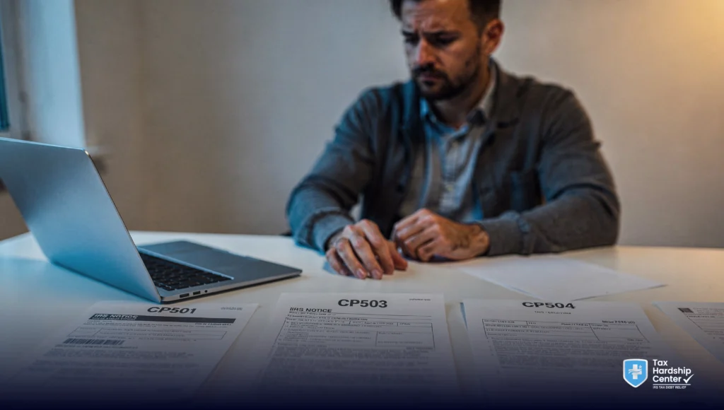 Taxpayer reviewing CP501, CP503, and CP504 IRS collection notices