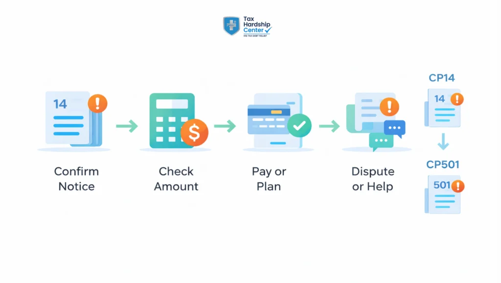 Infographic explaining what to do after receiving an IRS CP14 notice, including verifying the notice, checking the balance and payment history, choosing a payment option, and disputing or getting help if needed.