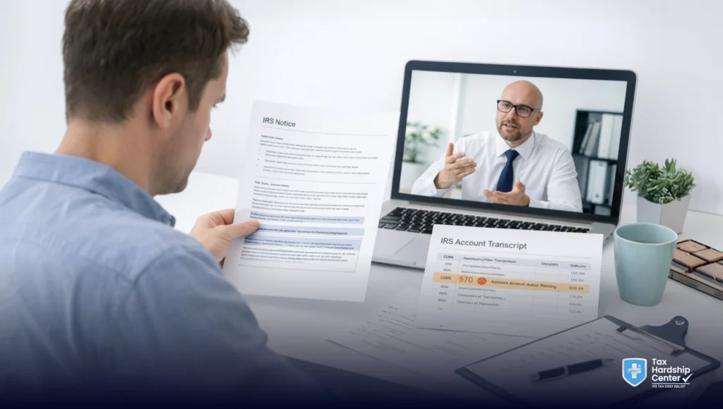 Taxpayer reviewing an IRS notice and transcript code 570 with a tax professional to understand refund delays and next steps