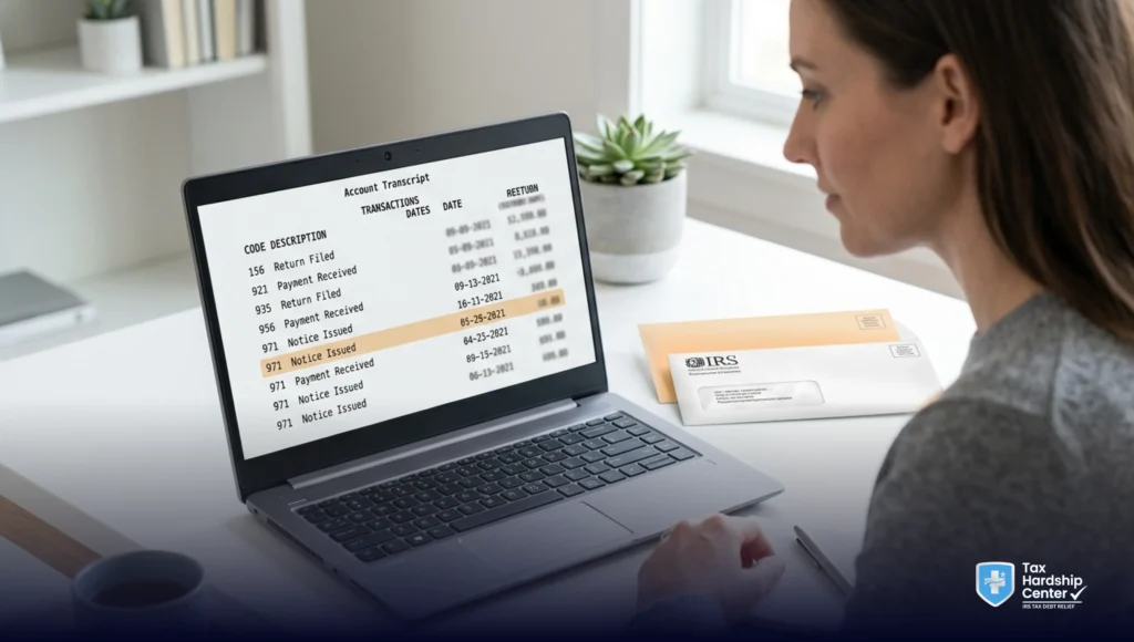 IRS transcript showing code 971 notice issued next to an IRS letter, illustrating why a tax refund or return may need review or follow-up.