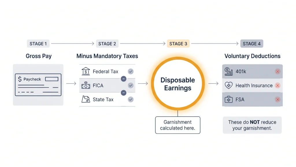 Step-by-step diagram showing gross pay, mandatory taxes, disposable earnings, and voluntary deductions in a wage garnishment calculation
