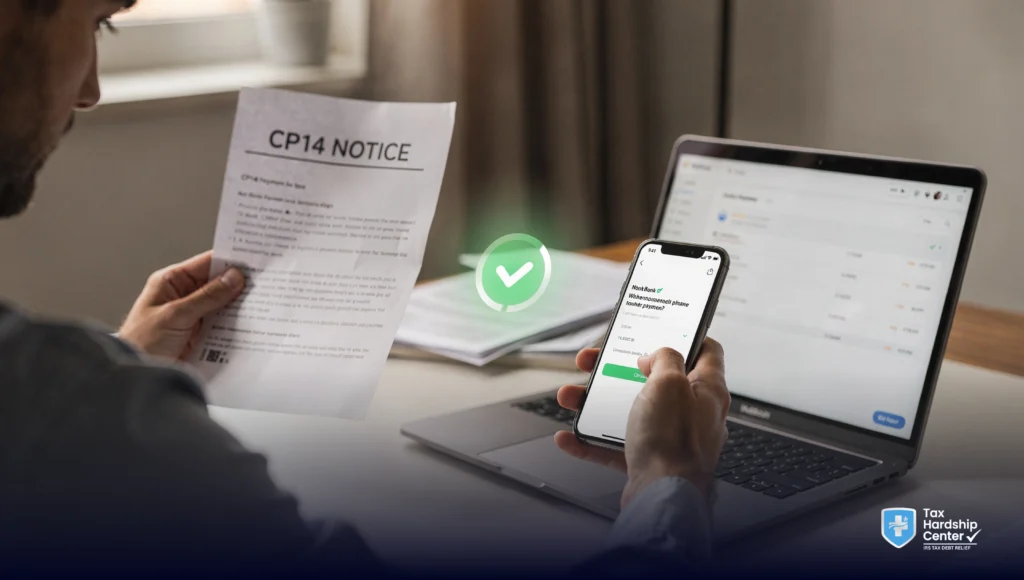 Taxpayer reviewing an IRS CP14 notice with tax documents, a calculator, and an online account to understand the balance due.