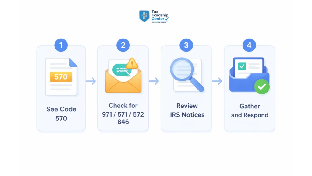 Four-step infographic showing what to do after IRS transcript code 570, including checking companion codes, reviewing IRS notices, and gathering documents