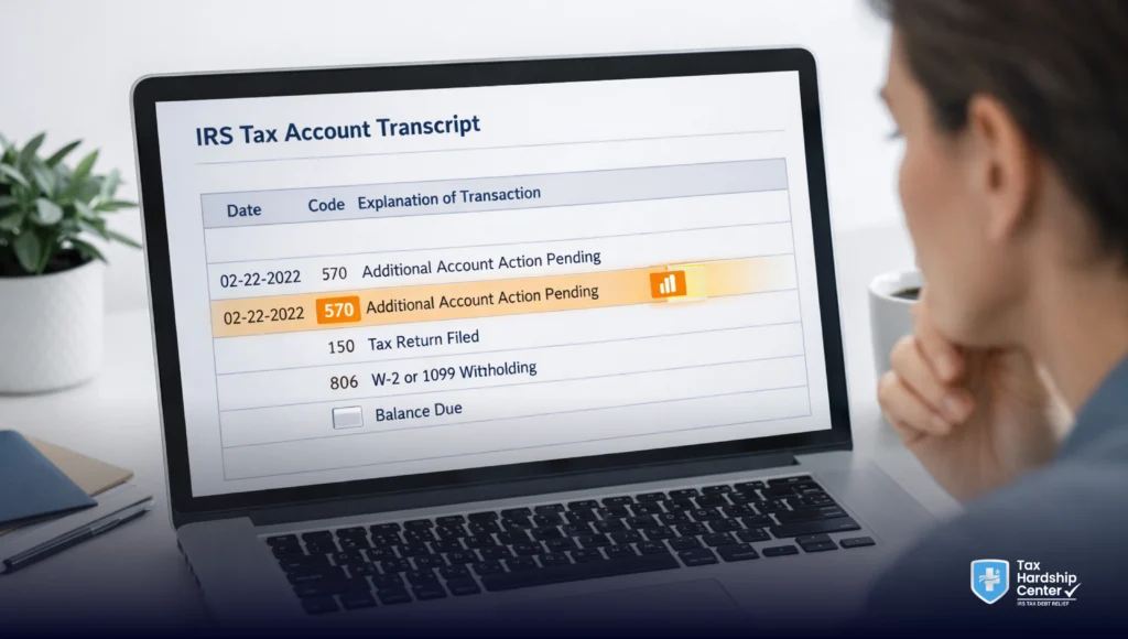 IRS transcript code 570 highlighted on a tax account transcript showing an additional account action pending and temporary refund hold