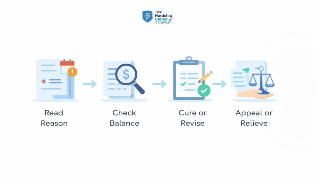 Infographic explaining how to respond to IRS CP523 notice by checking the default reason, reviewing payment history, fixing the agreement, and avoiding levy action