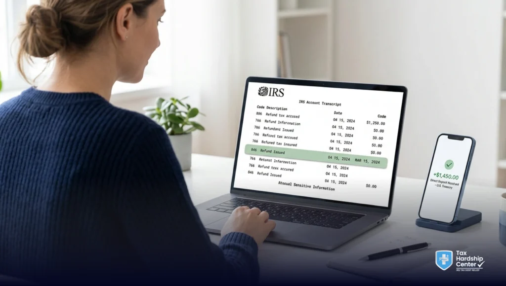 IRS tax transcript showing code 846 refund issued, representing approved tax refund payment and expected deposit timing.