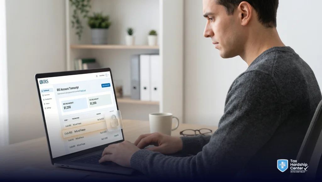 Taxpayer reviewing an IRS account transcript showing code 810 refund freeze on a laptop