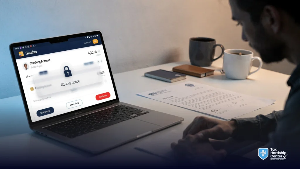 Joint bank account frozen after an IRS bank levy, showing how a spouse or roommate can be affected when only one account owner has tax debt.