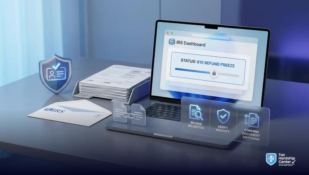IRS dashboard showing an 810 refund freeze with identity verification and document review steps