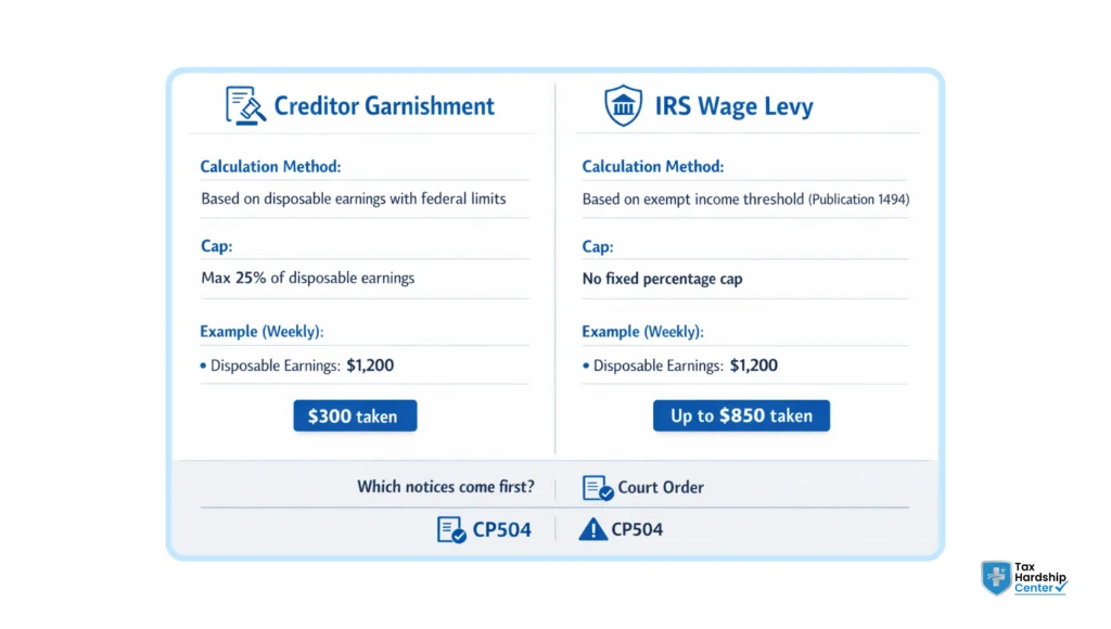 Comparison infographic showing creditor garnishment and IRS wage levy calculation methods, limits, and a $1,200 weekly example