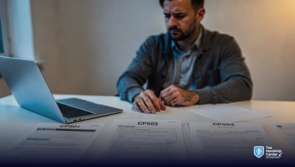 IRS CP501, CP503, and CP504 notices shown in sequence to explain the escalation from balance due reminders to levy warning.