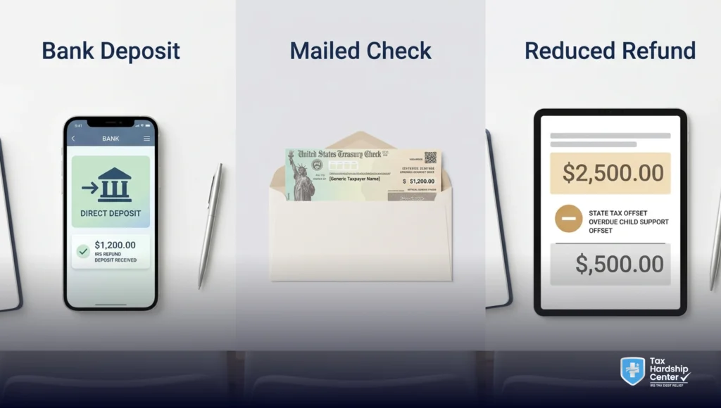 Tax refund issued image showing direct deposit, mailed refund check, and possible offset scenarios after IRS transcript code 846.