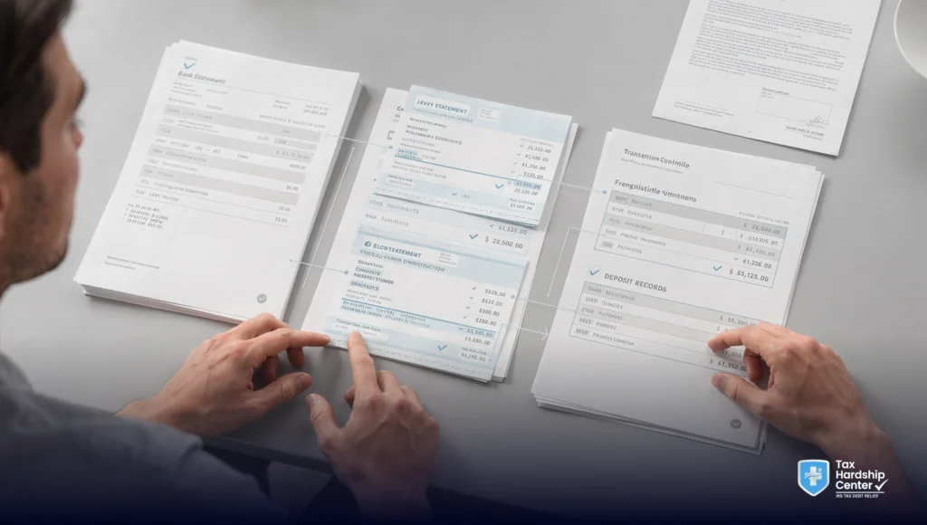 Taxpayer reviewing bank statements, pay stubs, and IRS levy notice to prove ownership of funds in a joint bank account.