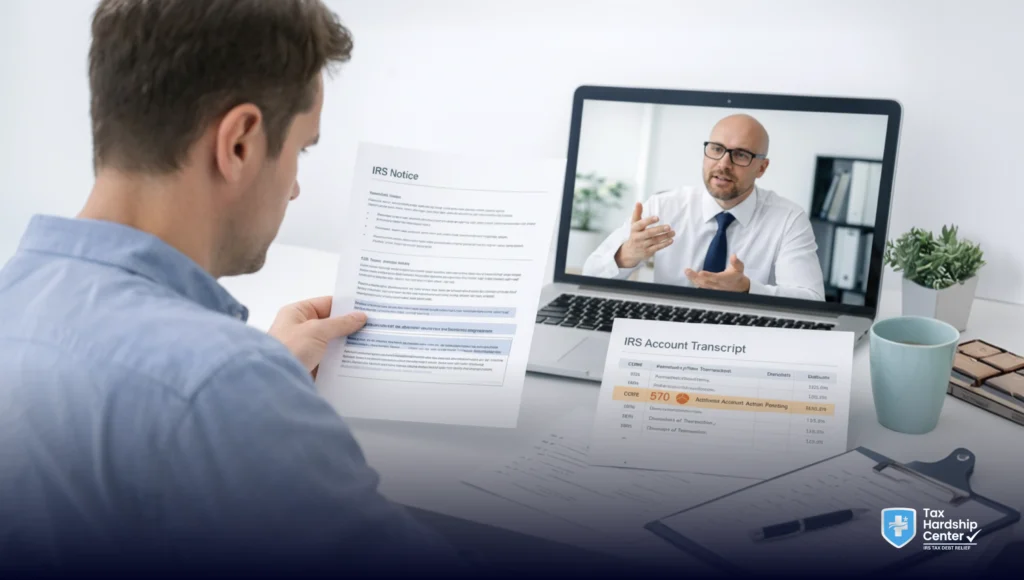 Taxpayer reviewing IRS notice and transcript code 570 with a tax professional to understand refund delays and the right next steps.