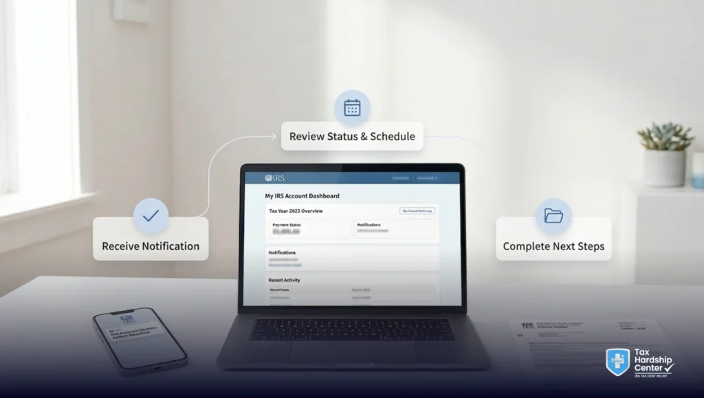 Taxpayer reviewing IRS online account, tax documents, and notice after transcript code 971 to understand timeline and next steps.