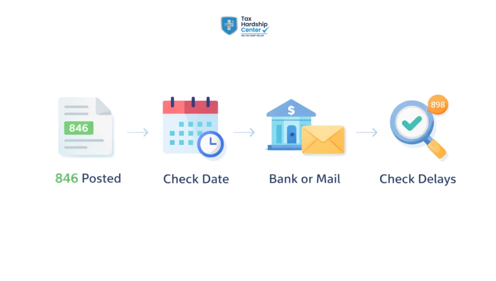 Infographic explaining what IRS transcript code 846 means, when a refund may hit a bank account or mail, and what to do if it is delayed.