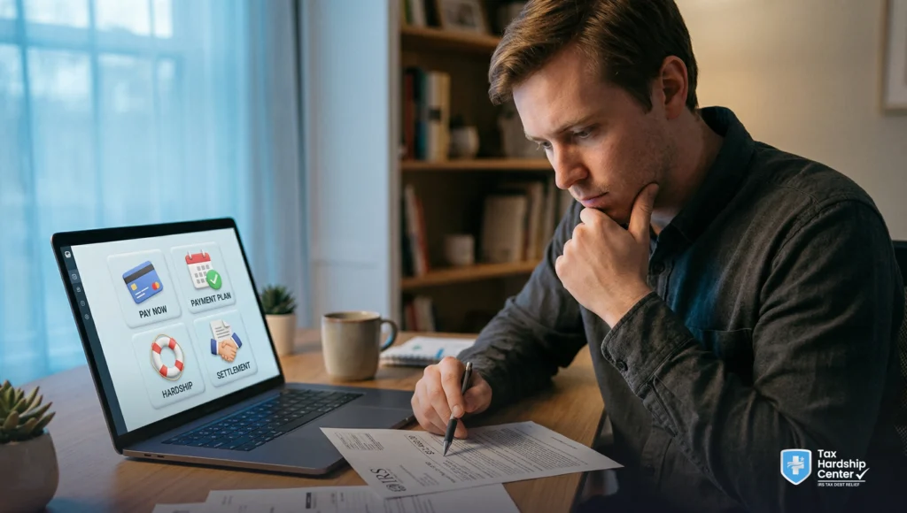 Taxpayer reviewing IRS collection notice and resolution options such as payment plan, hardship relief, or settlement before levy action.