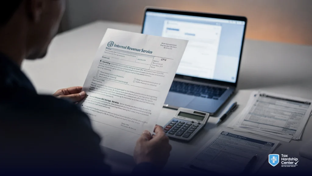 IRS CP14 notice on a desk with tax documents, showing the first balance due letter and the need to review the amount owed carefully.