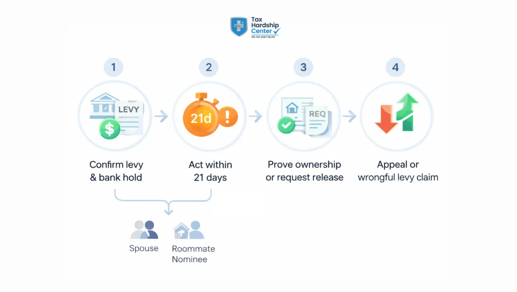 Infographic explaining how to respond to an IRS joint bank account levy by using the 21-day hold, proving ownership, requesting release, and protecting a non-liable co-owner.