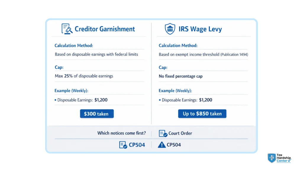 Comparison infographic showing the difference between IRS wage levy calculation and standard creditor garnishment limits, with a worked example using $1,200 in weekly disposable earnings