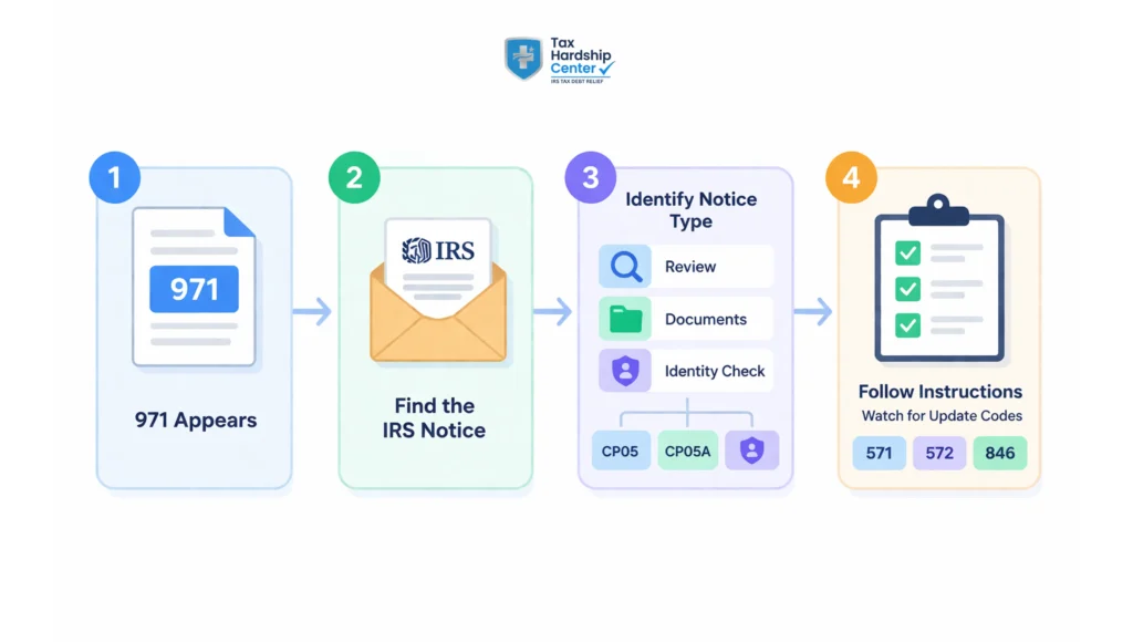 Infographic explaining IRS transcript code 971, how to find the related notice, common timeline paths, and the steps to resolve a delayed refund or return issue.