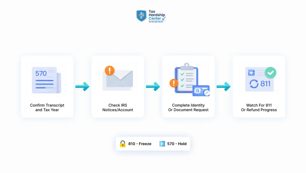 Infographic explaining how to respond to IRS code 810 refund freeze by checking notices, verifying identity, gathering documents, and watching for release codes.