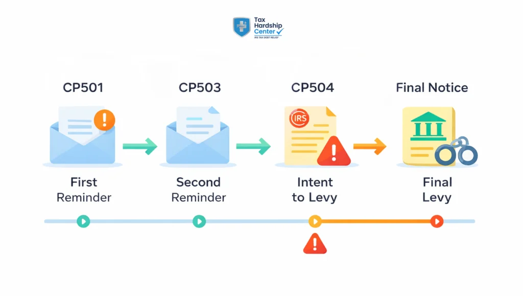 Infographic explaining the IRS notice timeline from CP501 to CP503 to CP504 and the final levy notice stage before most wage or bank levies.