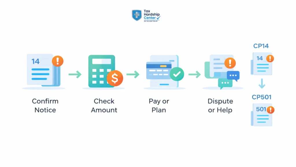 Infographic explaining what to do after receiving an IRS CP14 notice, including verifying the balance, checking prior payment, choosing a payment option, and responding correctly.