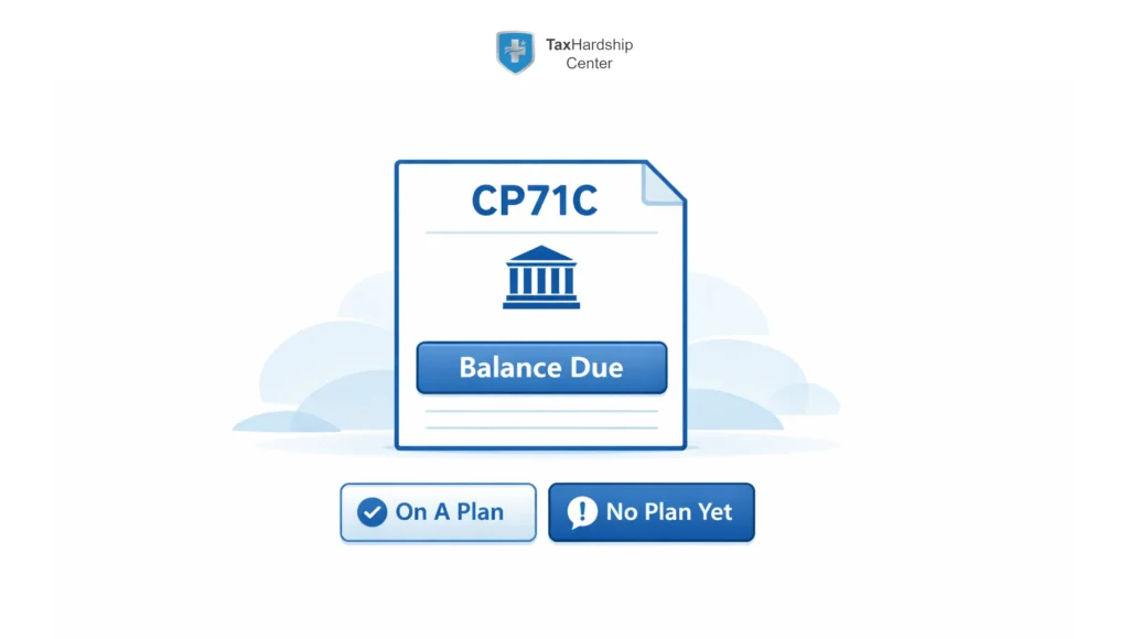Minimal hero illustration of an IRS CP71C annual balance reminder notice showing a remaining balance and two paths: one for taxpayers already on a payment plan and one for those without a plan who still need to resolve back taxes.