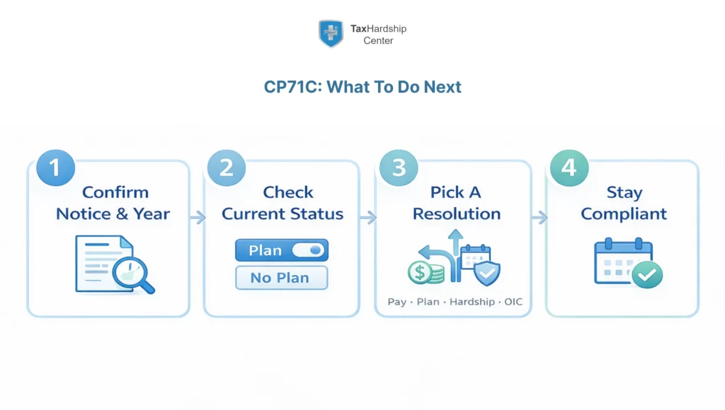 Minimal infographic showing a four-step process for handling a CP71C IRS notice: confirm the tax year and balance, check whether you already have a payment plan, choose a back tax resolution option like payment, plan, hardship, or Offer in Compromise, and stay compliant to prevent escalation.