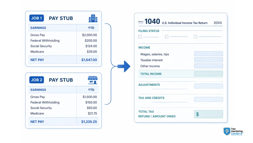 Two W-2 forms combining into a single IRS Form 1040 tax return