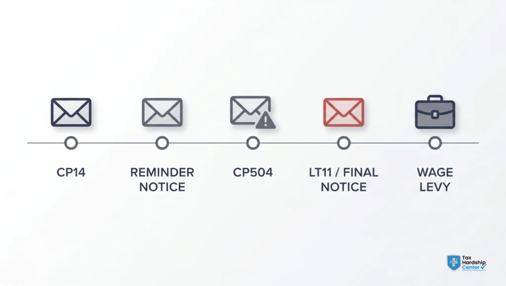 IRS notice sequence before wage garnishment — from CP14 to employer levy