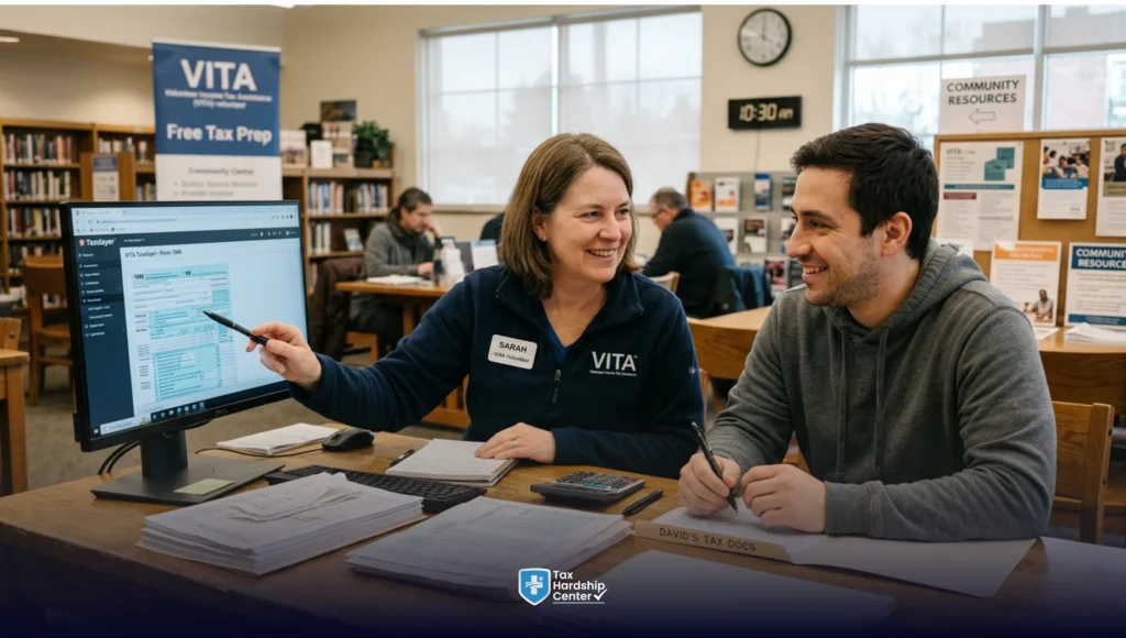 Person receiving free tax help from VITA volunteer at community center