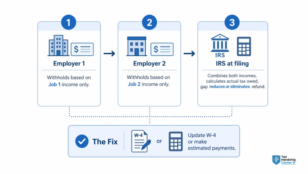 Infographic explaining how withholding works across two employers and why a second W-2 reduces tax refunds