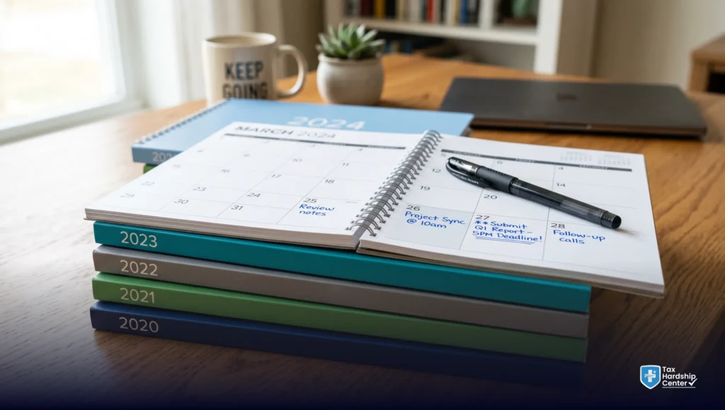 Stack of five years of unfiled tax returns ready to be filed