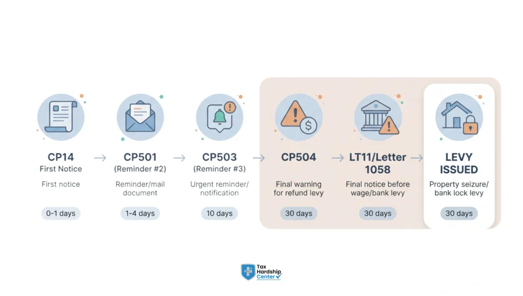 IRS levy notice timeline showing escalation from CP14 to final levy action