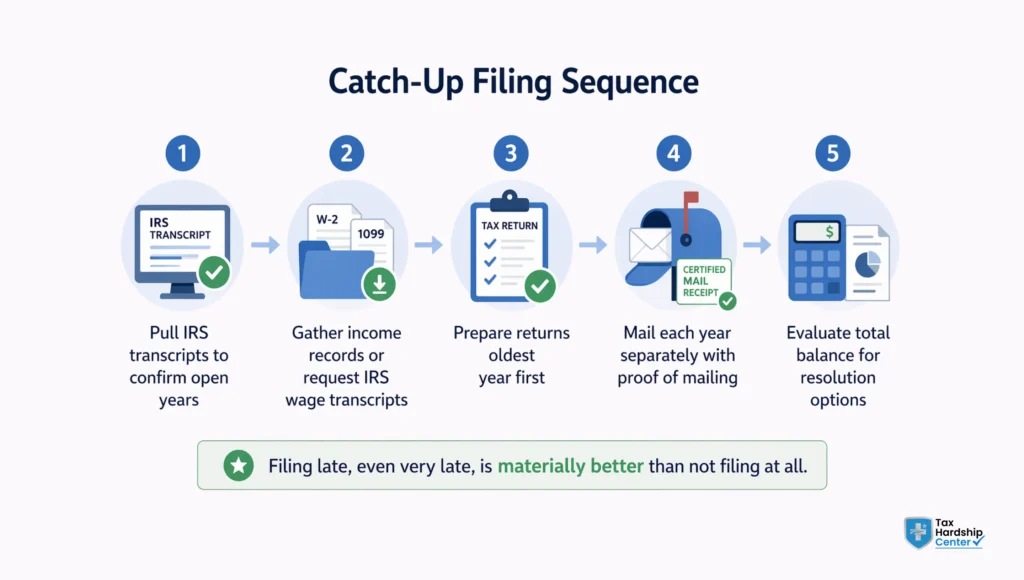 Step-by-step process for filing 5 years of back taxes in the correct order