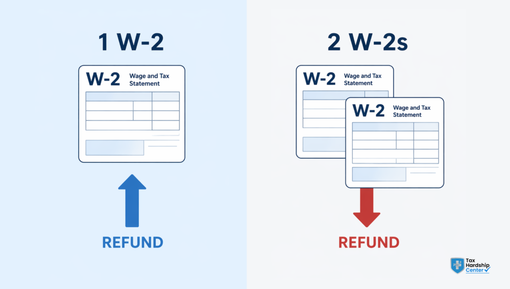 Illustration showing how adding a second W-2 reduces a tax refund due to withholding gaps