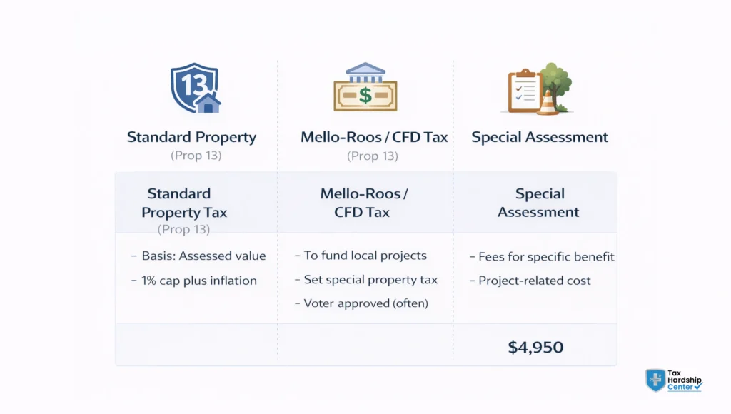 Comparison chart showing differences between standard property tax, Mello-Roos CFD tax, and special assessments in California