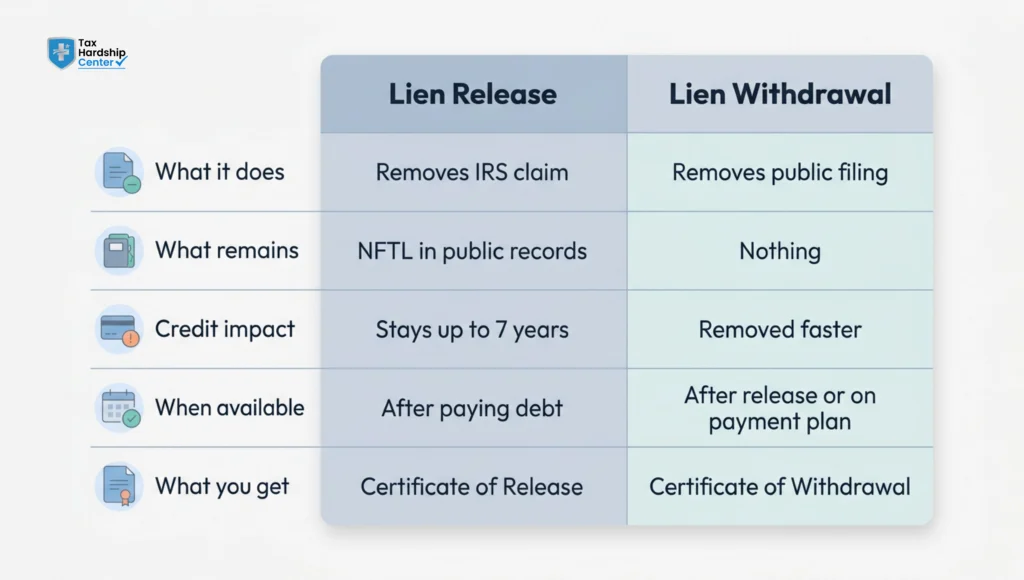 Comparison chart showing differences between federal tax lien release and withdrawal